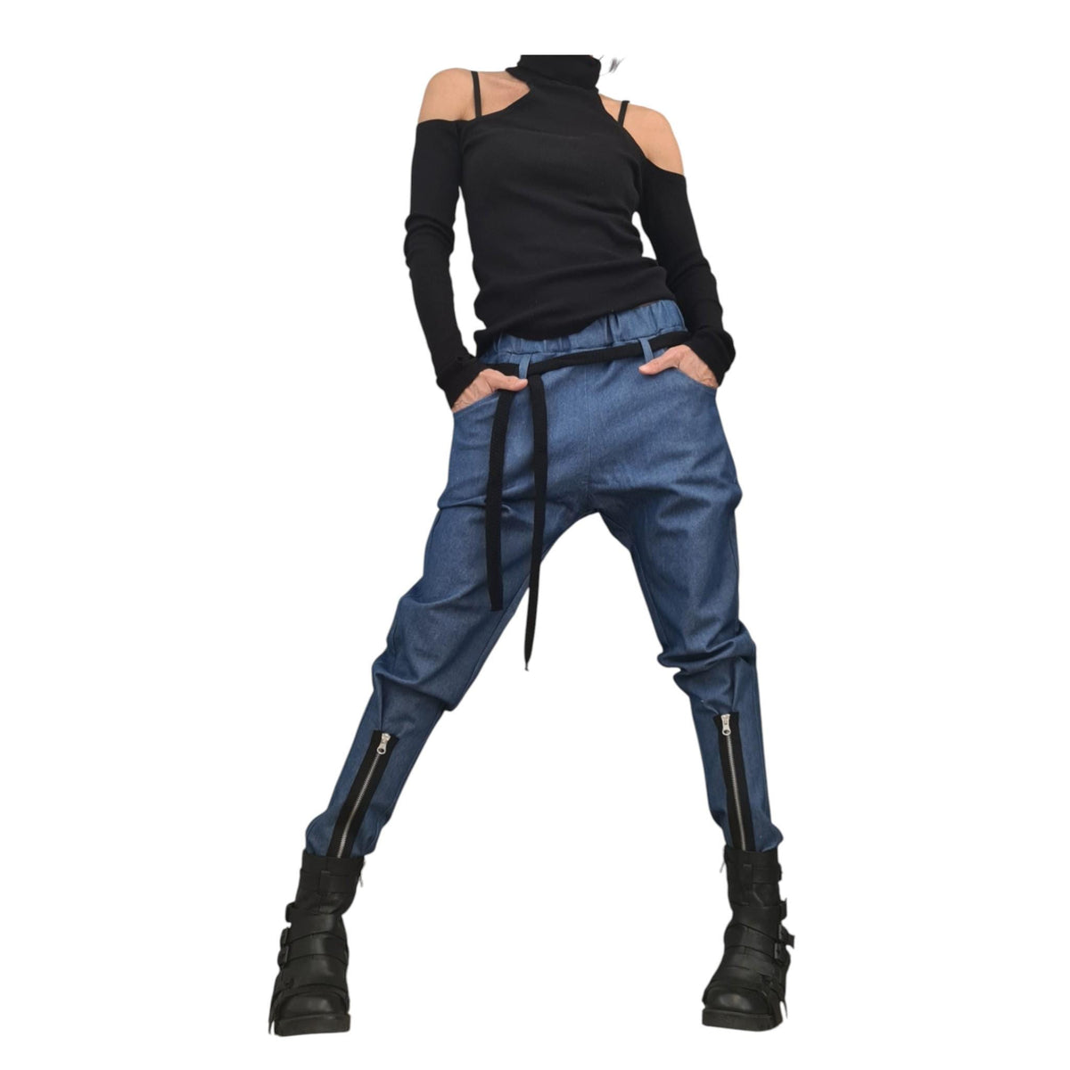 Denim Harem Pants, Loose and Fit Trousers whit Zipper Detail, Plus Size Bottom