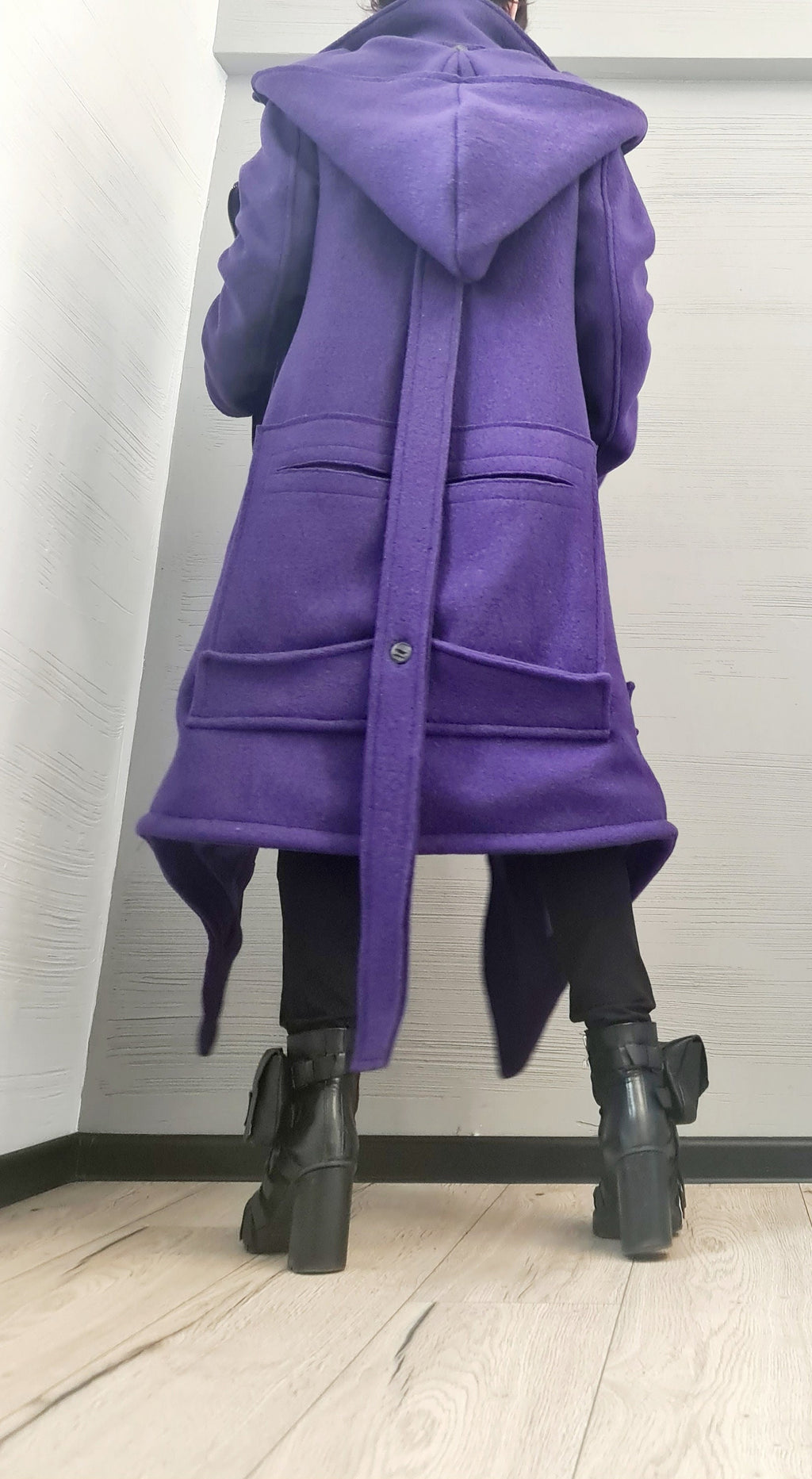 Purple Asymmetric Wool Coat, Long Hooded Jacket with Oversized Patch Pockets, Plus Size