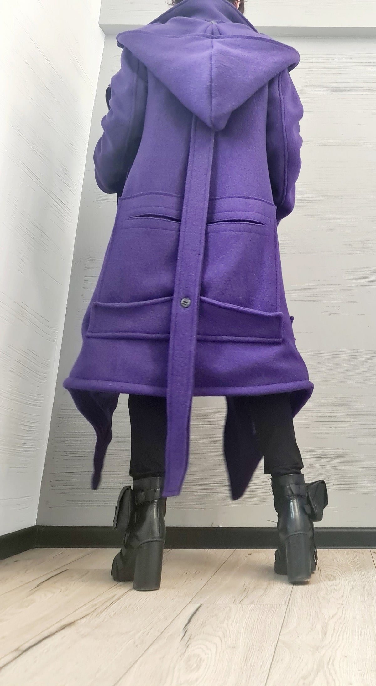 Purple Asymmetric Wool Coat, Long Hooded Jacket with Oversized Patch Pockets, Plus Size