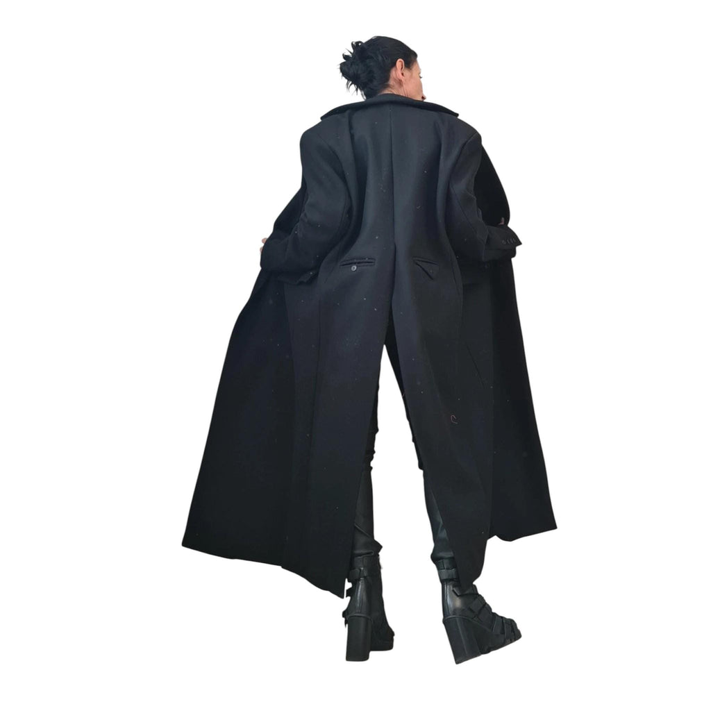 Black Oversized Coat, Floor Length Tailored Overcoat with Back Vent, Plus Size