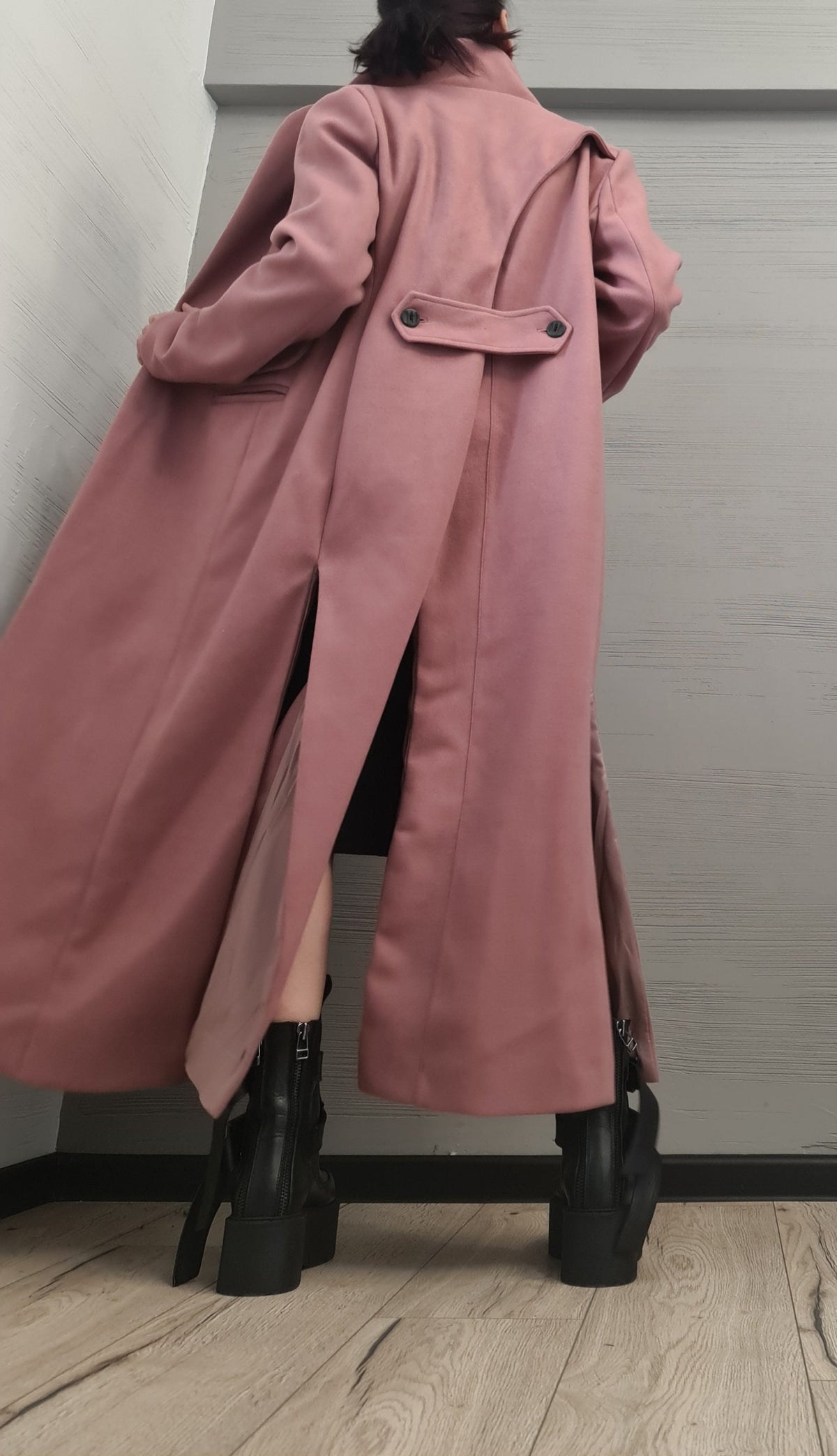 Dusty Rose Long Coat, Asymmetrical Wrap Front and Ruched Sleeves, Plus Size