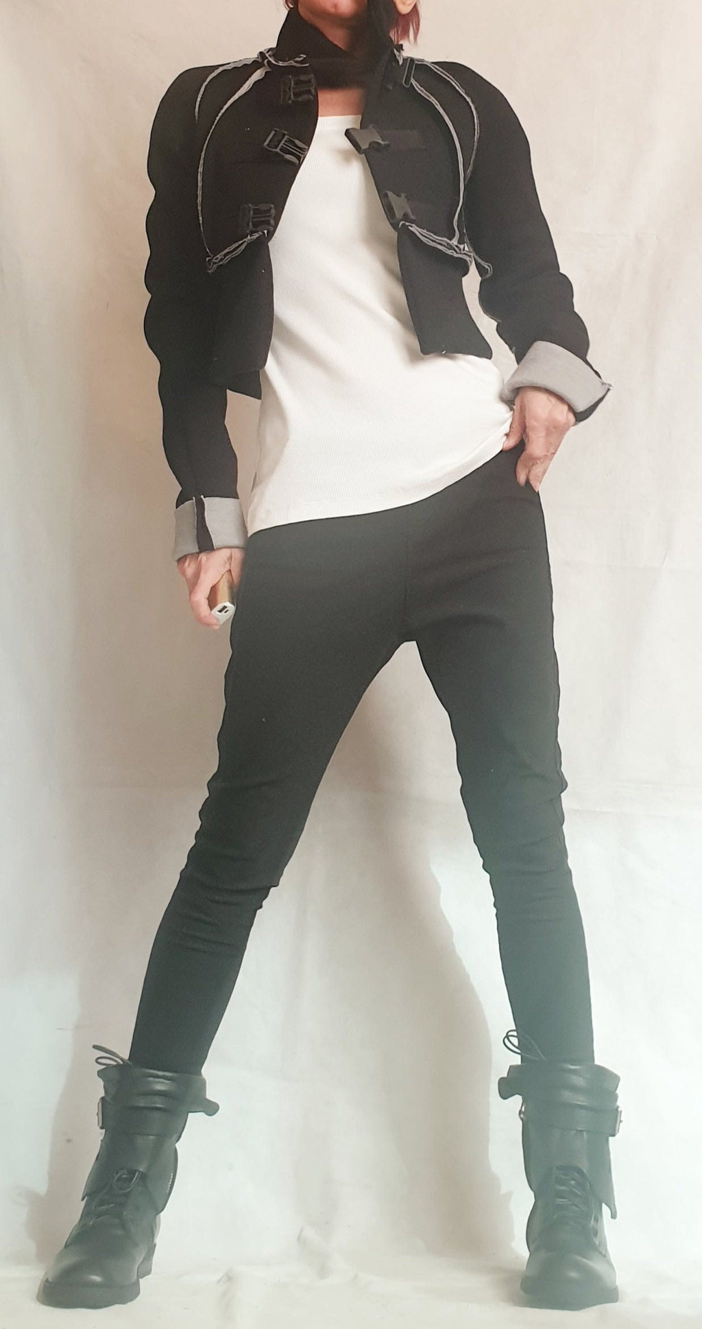 Black Cropped Wool Jacket, High Collar, Buckle Closures, Plus Size Coat, Contrast Seams