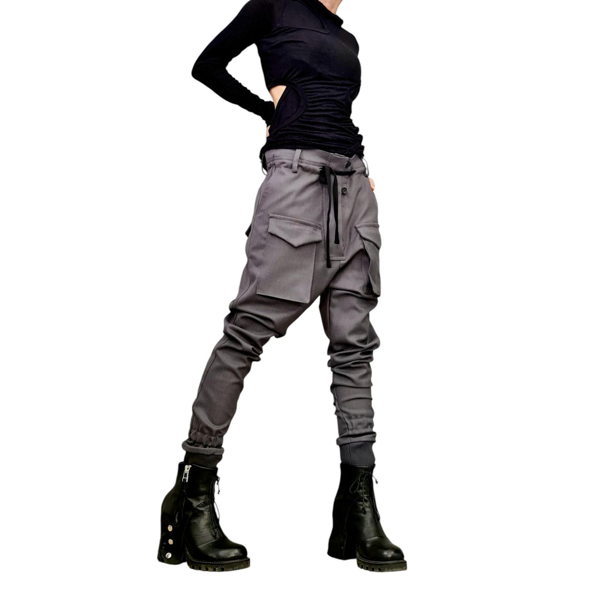 Gray Cargo Pants, Drop Crotch Trousers, Tapered Leg
