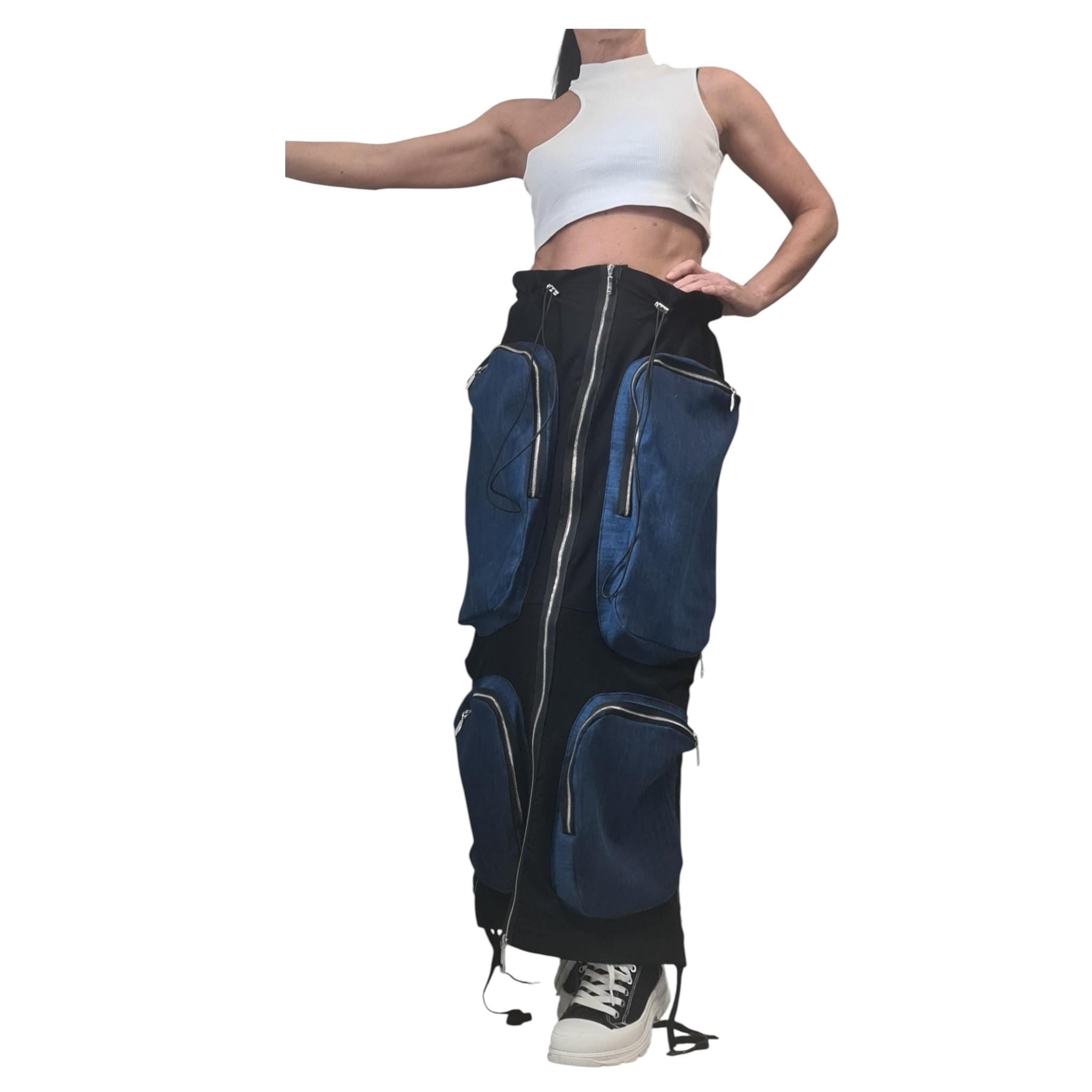 Black French Terry Maxi Skirt With Denim Cargo Pockets, Long Avant Garde Oversized Skirt