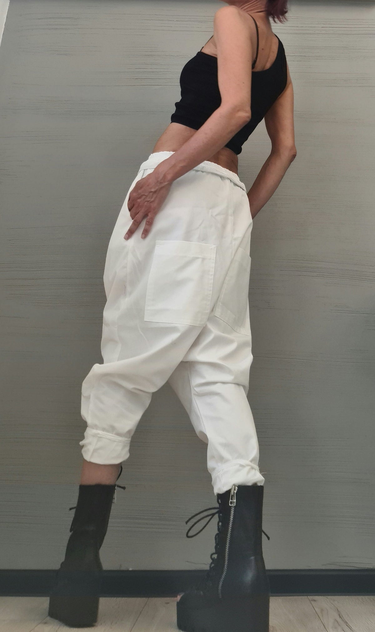 White Cotton Harem Trousers, Drop Crotch Pants
