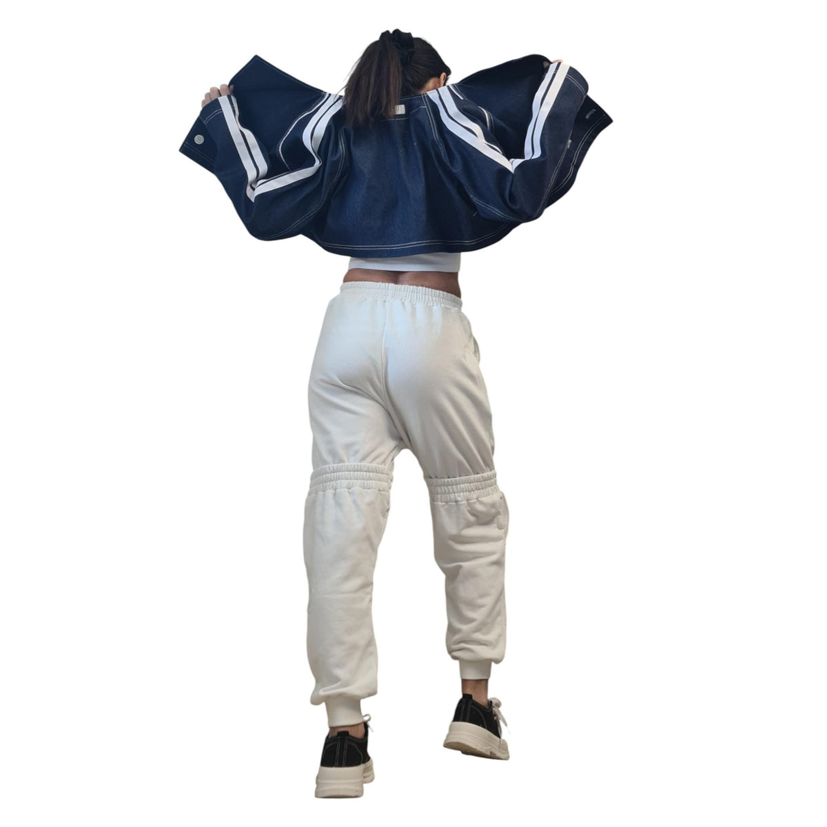 Denim Two Piece Trench Coat, Cropped Jacket and Long Hooded Vest, Oversized Asymmetrical Set