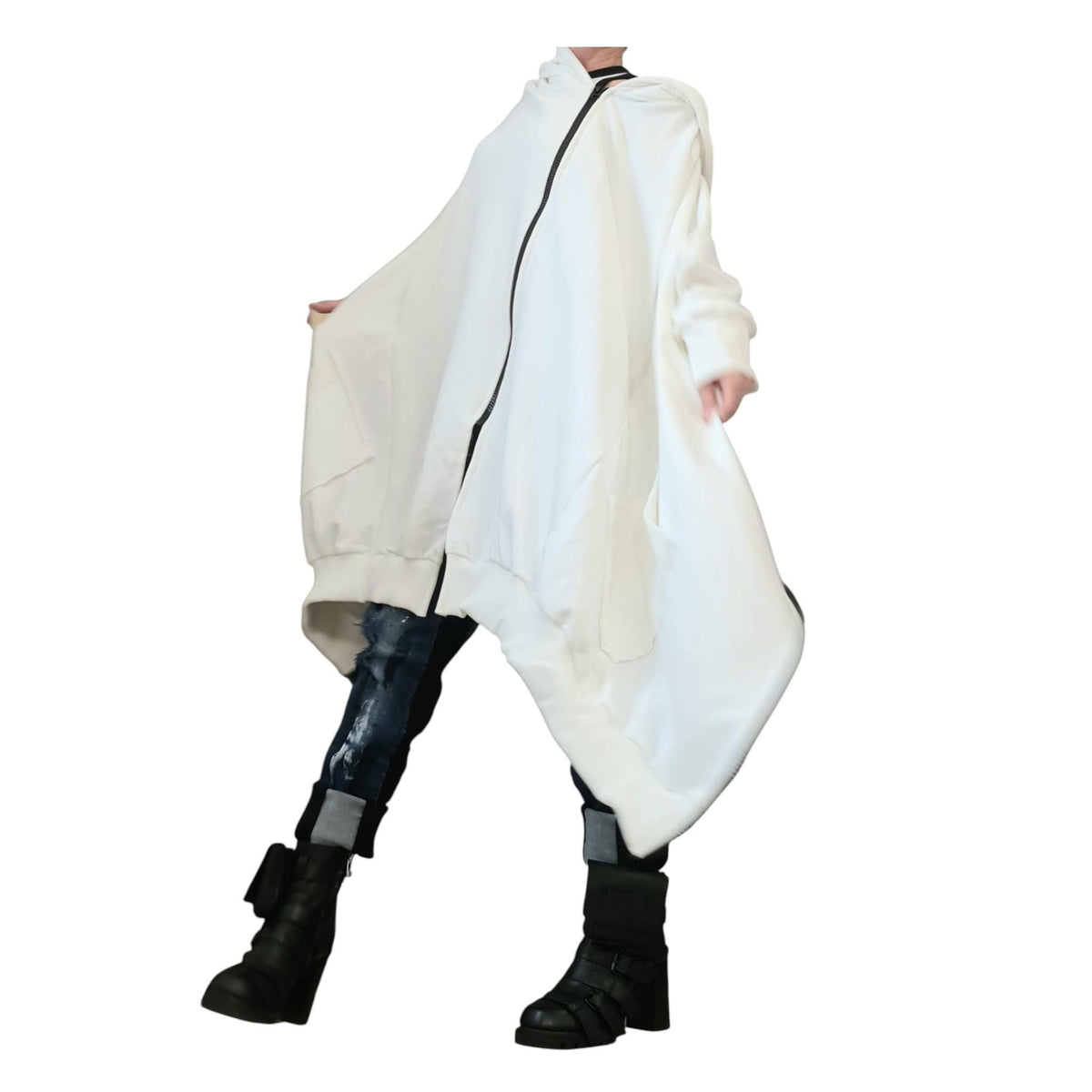 White Asymmetric Hooded Sweatshirt, Oversized Cotton Jacket, Longline Zip Up Hoodie