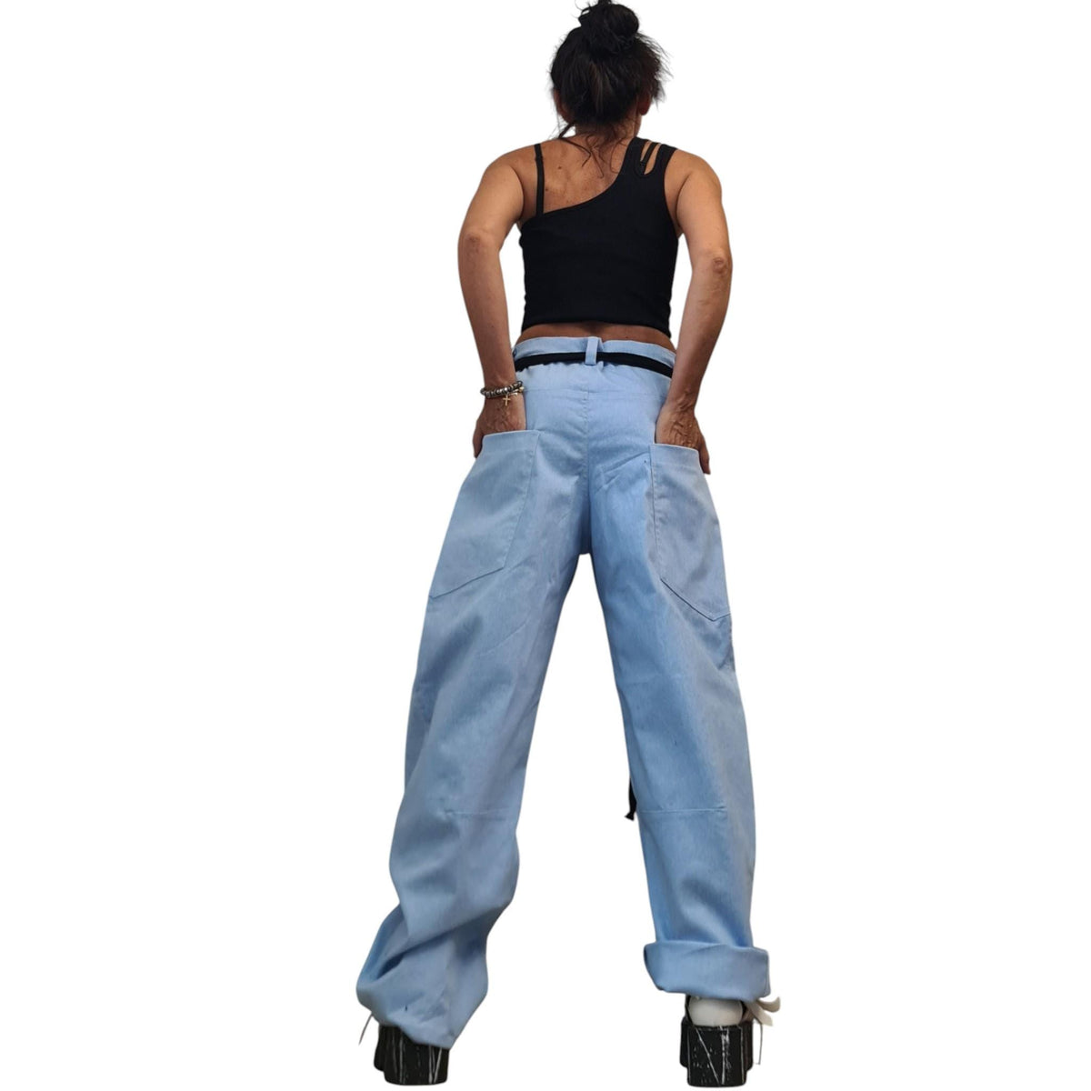 Light Blue Balloon Denim Pants, Wide Leg Barrel Jeans