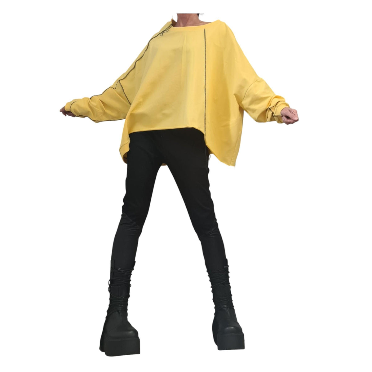 Yellow Cotton Oversize Tunic Top, Asymmetric Loose Cut, Black Contrast Seams, Plus Size Blouse
