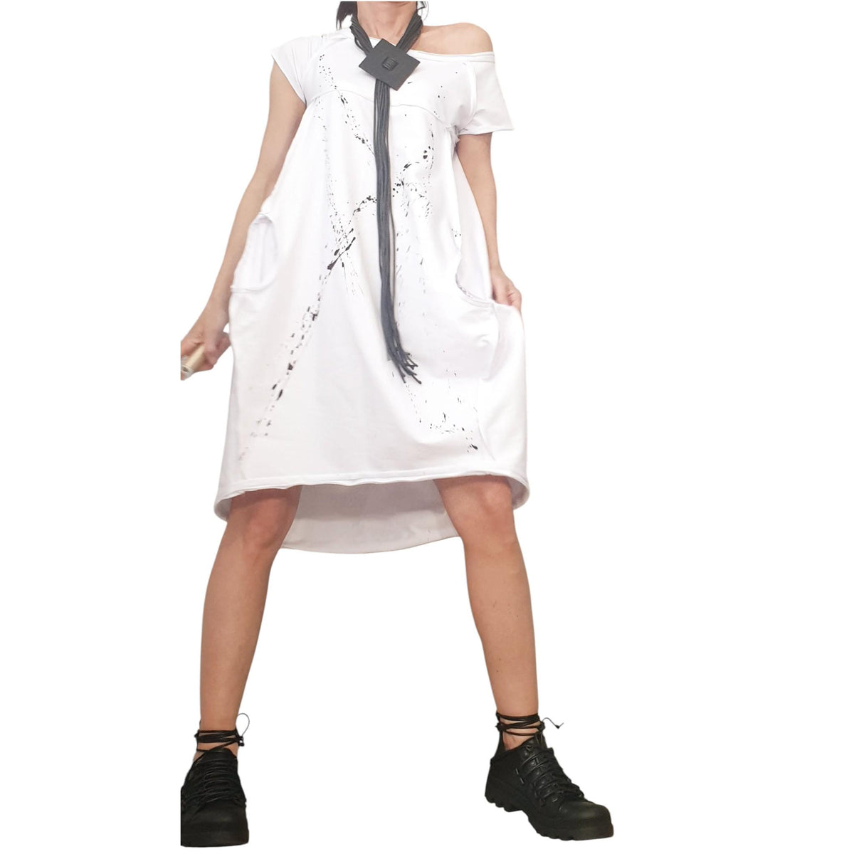 White Cotton Short Sleeve Dress, One Shoulder, Asymmetric Oversized Tunic