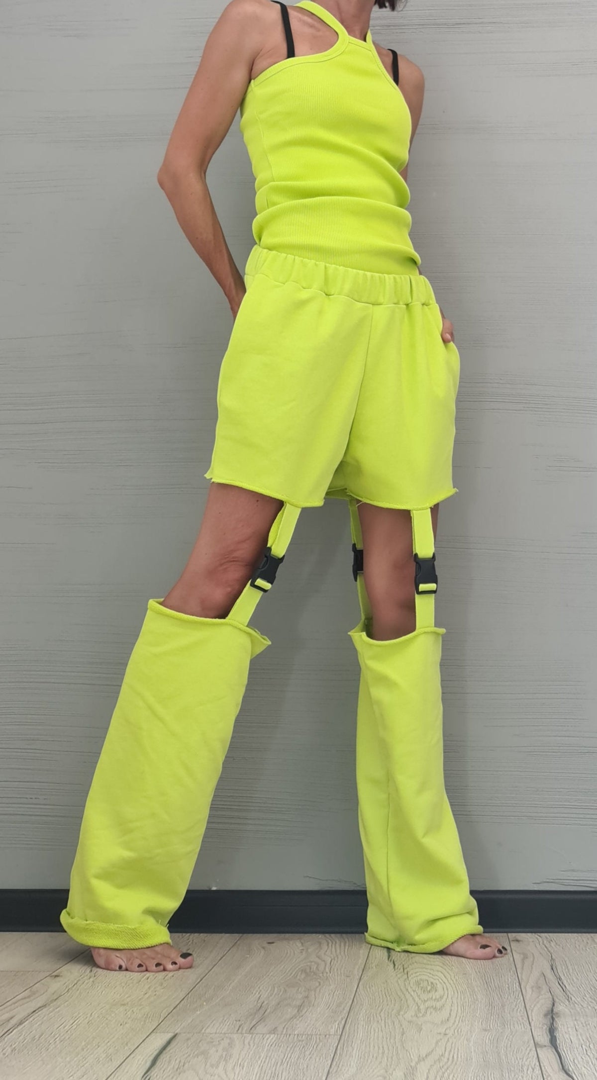 Lime Cotton Shorts, Detachable Pant Legs, Sleeveless Top, Convertible Two Piece Co-Ord Set