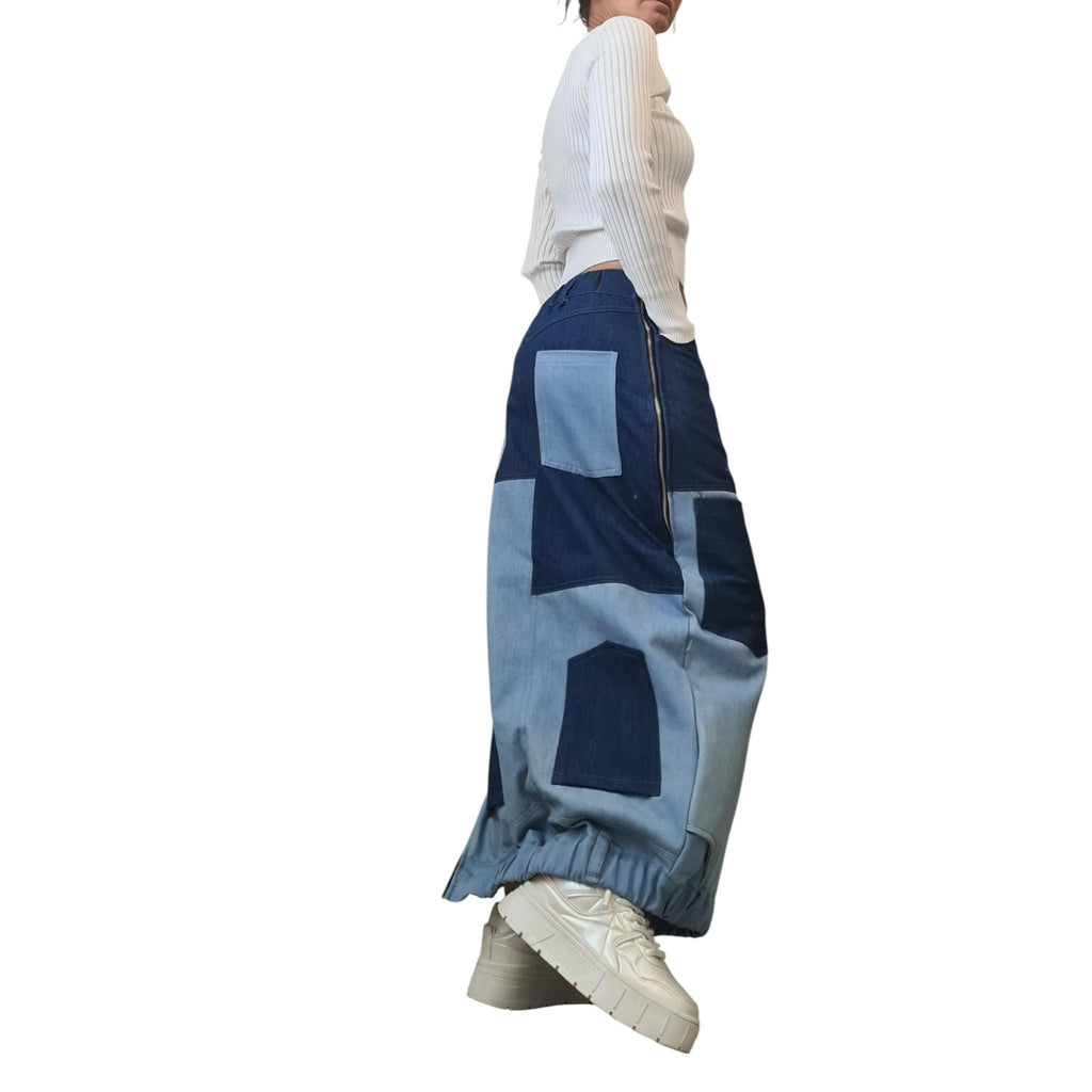 Reversible Two-Tone Denim Maxi Skirt | Handmade Patchwork Skirt, Women’s Clothing