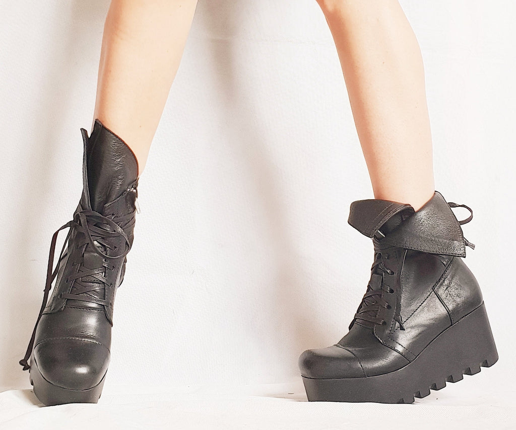 Black Platform Boots, Gothic Combat Booties, Steampunk Winter Ankle Shoes