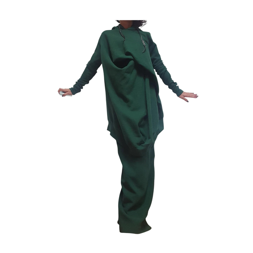 Women’s Dark Green Co-Ord Set, Pencil Skirt, Oversized Long Sleeve Hooded Top