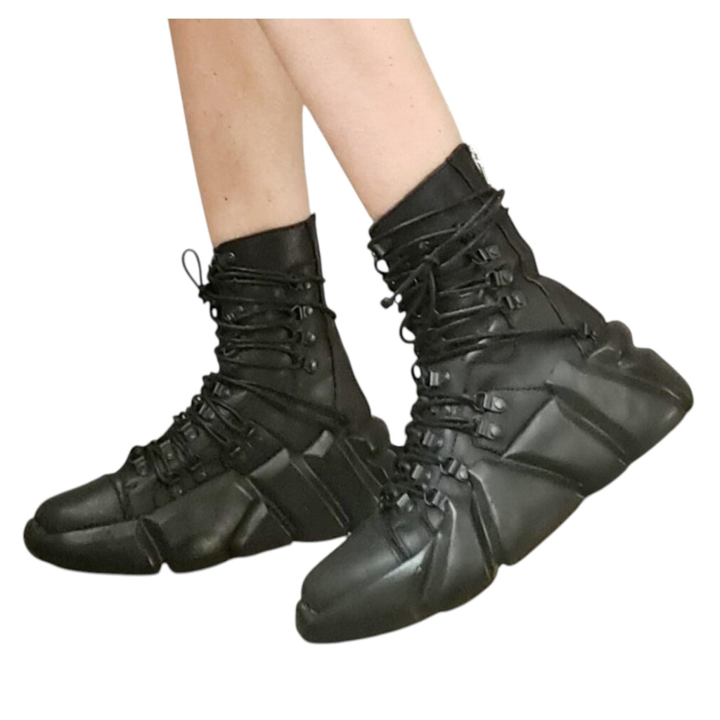 Black Genuine Leather Ankle Sneakers, Extravagant Design, Gothic Boots