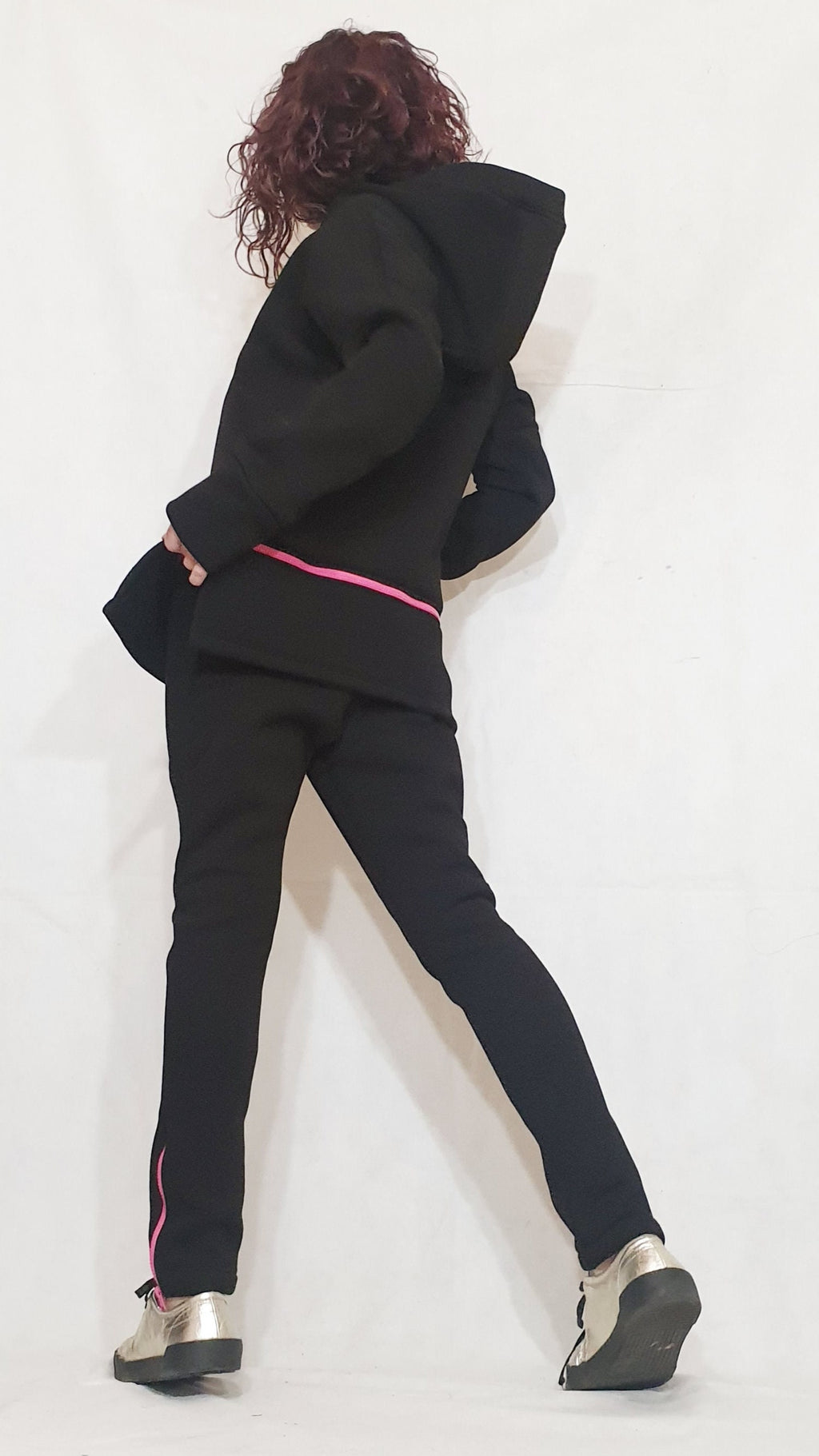 Black Cotton Drop Crotch Pants, Asymmetrical Hooded Sweatshirt, Pink Zipper, Two-Piece Co-Ord Set