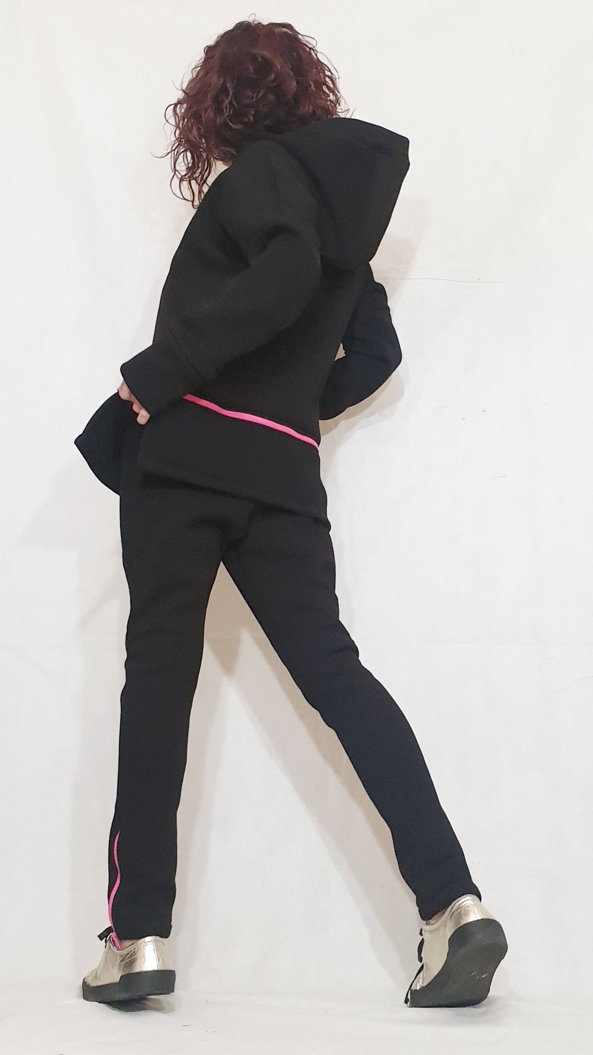 Black Cotton Drop Crotch Pants, Asymmetrical Hooded Sweatshirt, Pink Zipper, Two-Piece Co-Ord Set