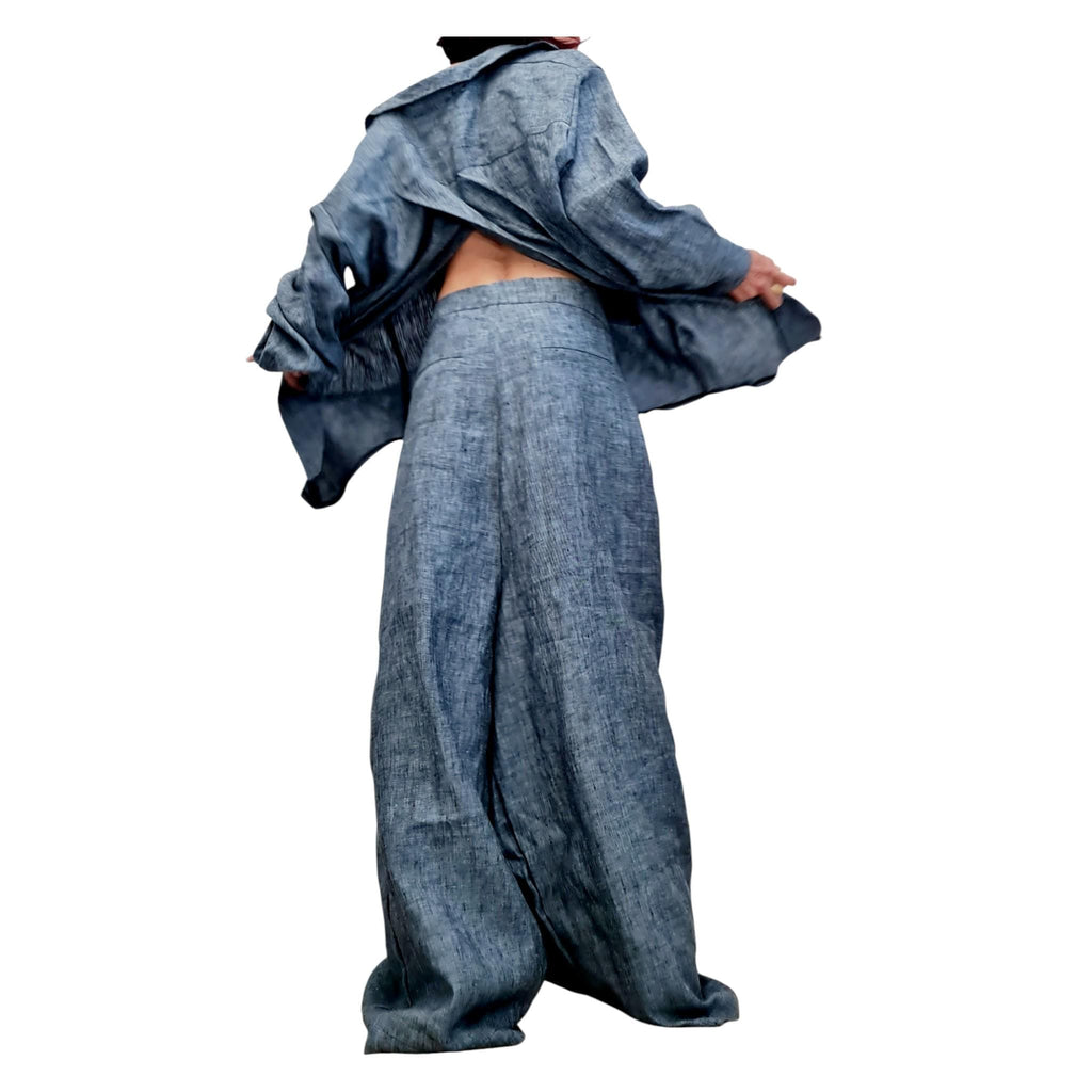 Handmade Denim Blue Linen Shirt, Open Back Asymmetric Blouse, Boho Shirt