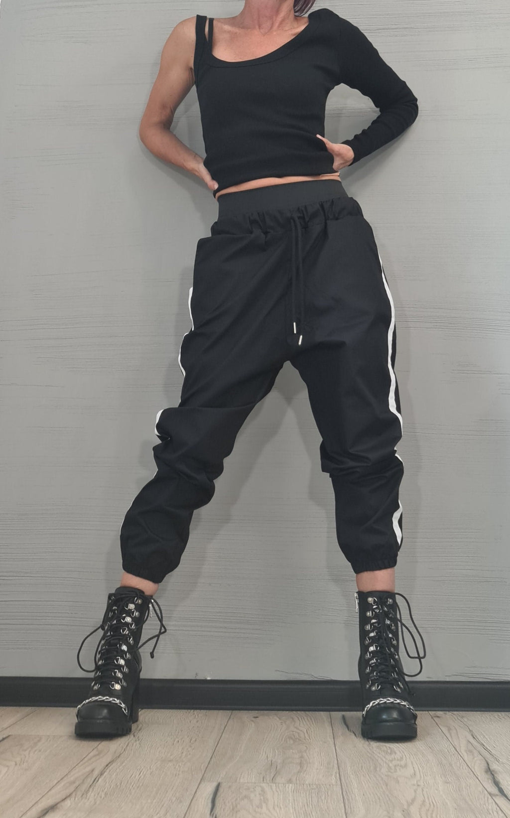 Beige Cargo Jogger Pants, Drop Crotch Trousers, Black Side Stripes, Elastic Waist, Multiple Pockets
