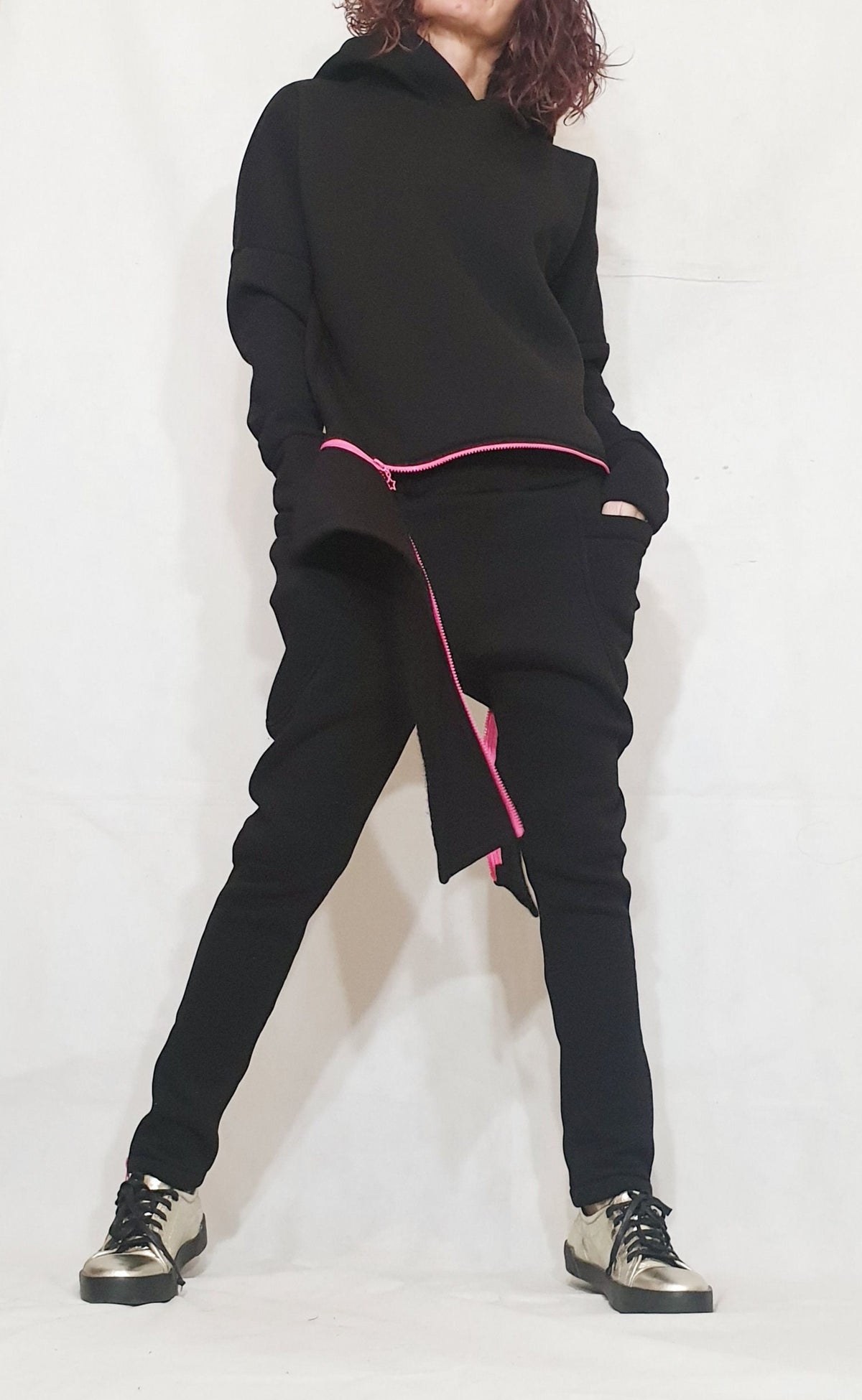 Black Cotton Drop Crotch Pants, Asymmetrical Hooded Sweatshirt, Pink Zipper, Two-Piece Co-Ord Set
