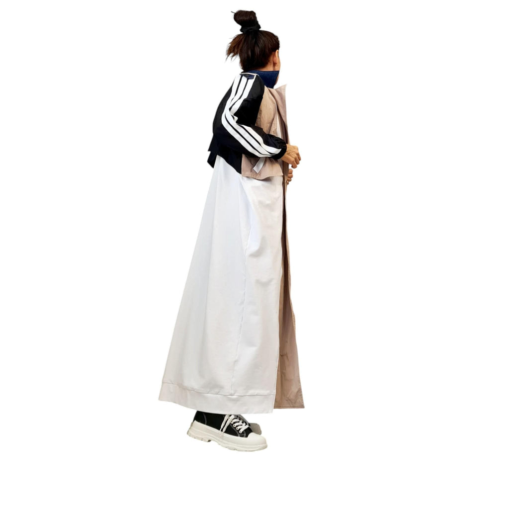 Beige Colour Block Trench Coat, Black and White Sleeves, Floor Length, Oversized Plus Size