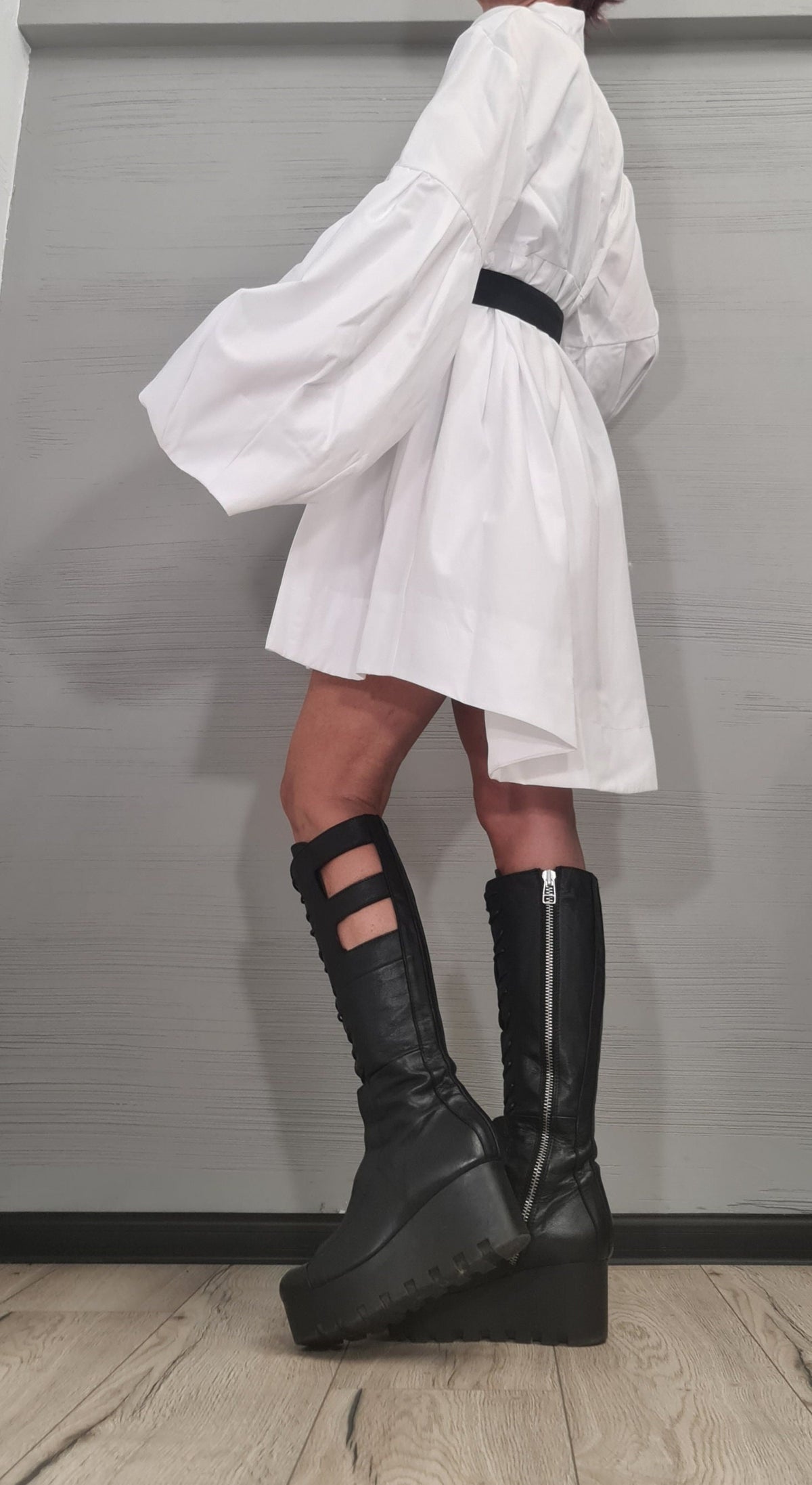 White Asymmetric Tunic Dress, Extravagant Sleeve, Oversized Shirt