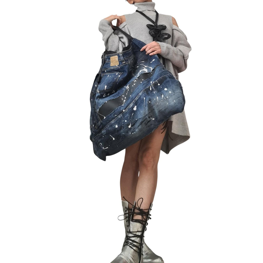 Handmade Oversized Denim Tote Bag, Painted Jeans Hobo Purse