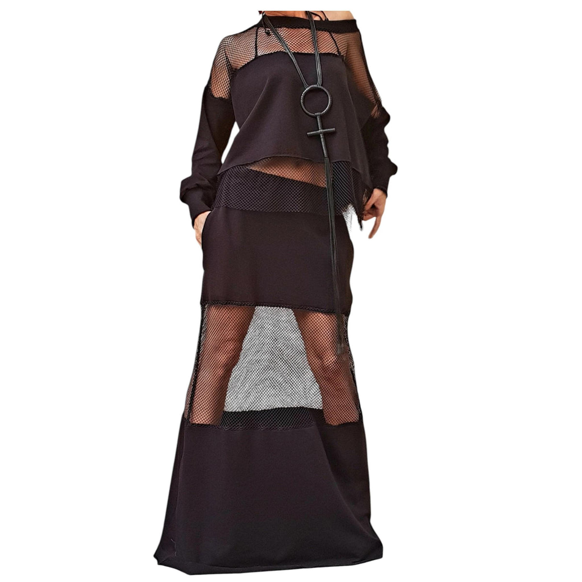 Black Cotton Mesh Panel Maxi Skirt, Off Shoulder Blouse, Two-Piece Co-Ord Set, Plus Size