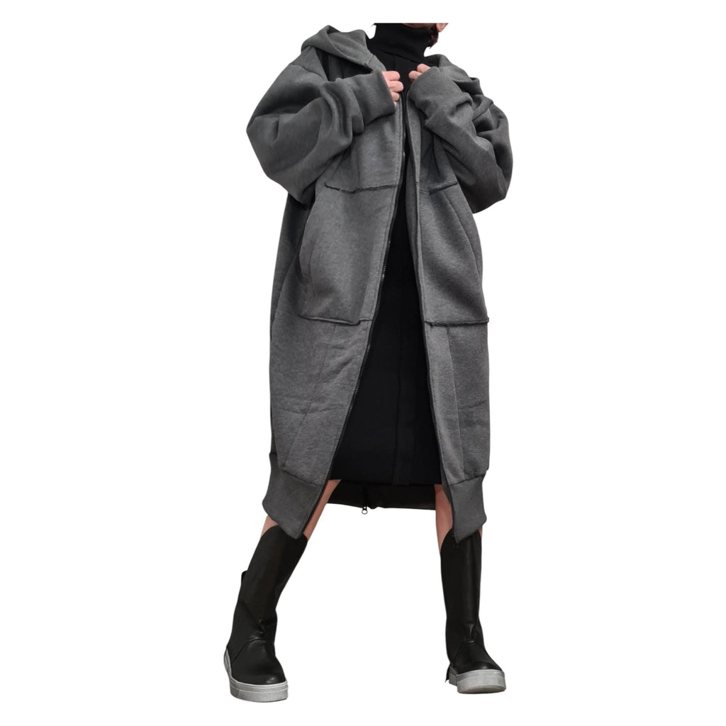 Grey Oversized Hooded Sweatshirt Dress, Sleeveless Maxi Zip Hoodie, Large Pockets, Plus Size