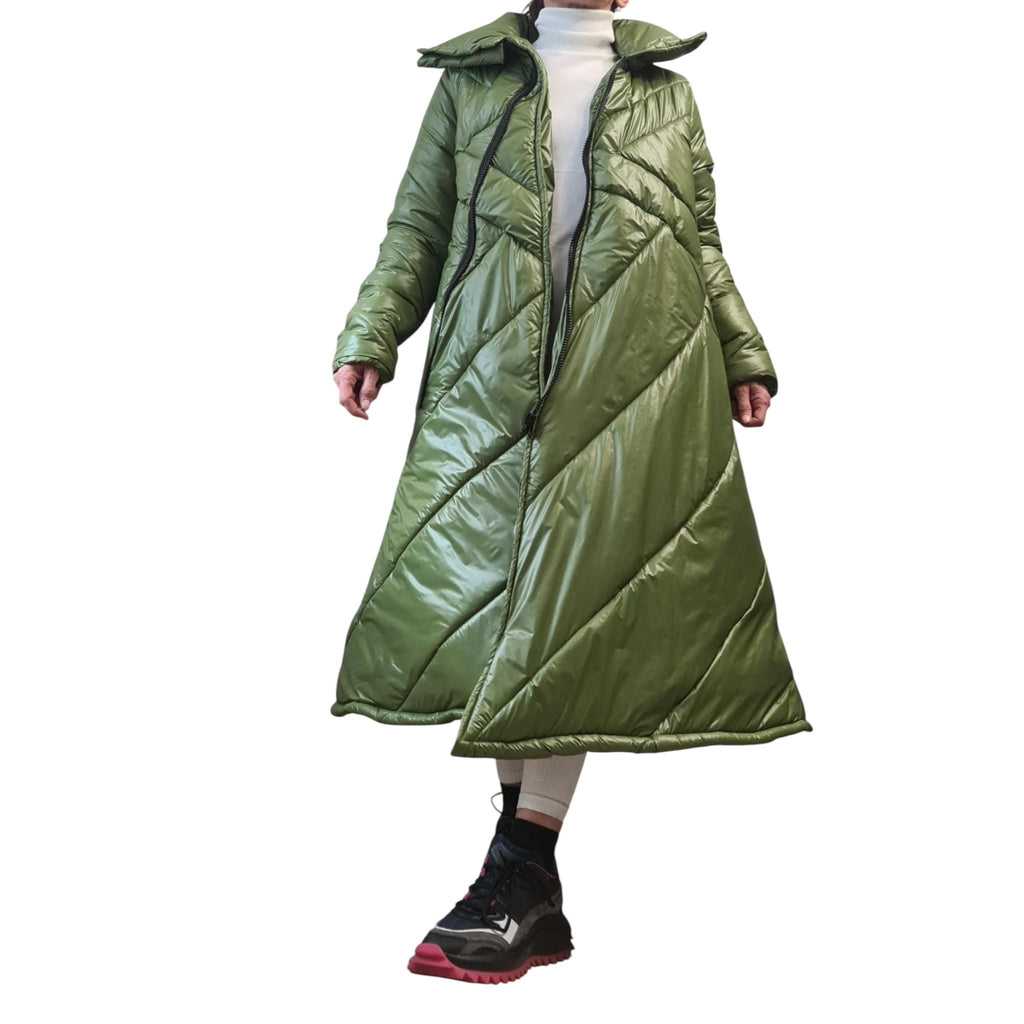 Green Maxi Puffer Coat, A-Line Quilted Jacket, Oversized High Collar Winter Outerwear