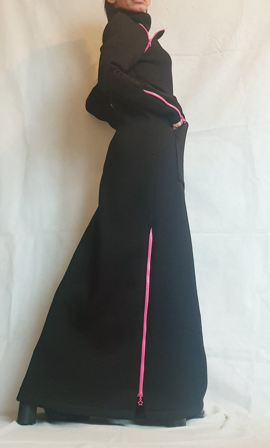 Black Maxi Dress Long Sleeve, Pink Zipper, Handmade Dress for Woman, Plus Size