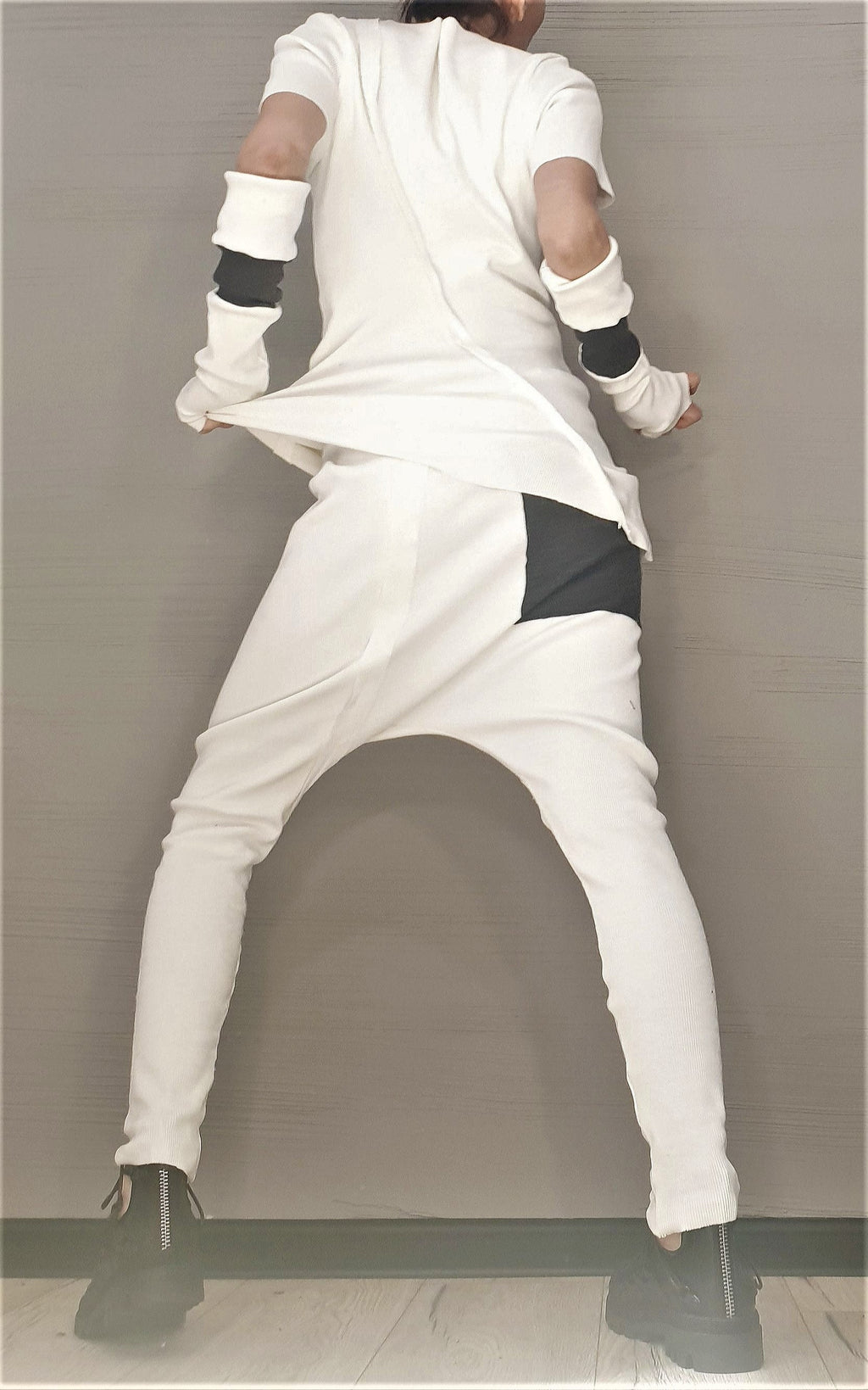 White Cotton Tapered Harem Pants, Asymmetrical Blouse, Detachable Sleeves with Thumb Holes, Co-Ord Set