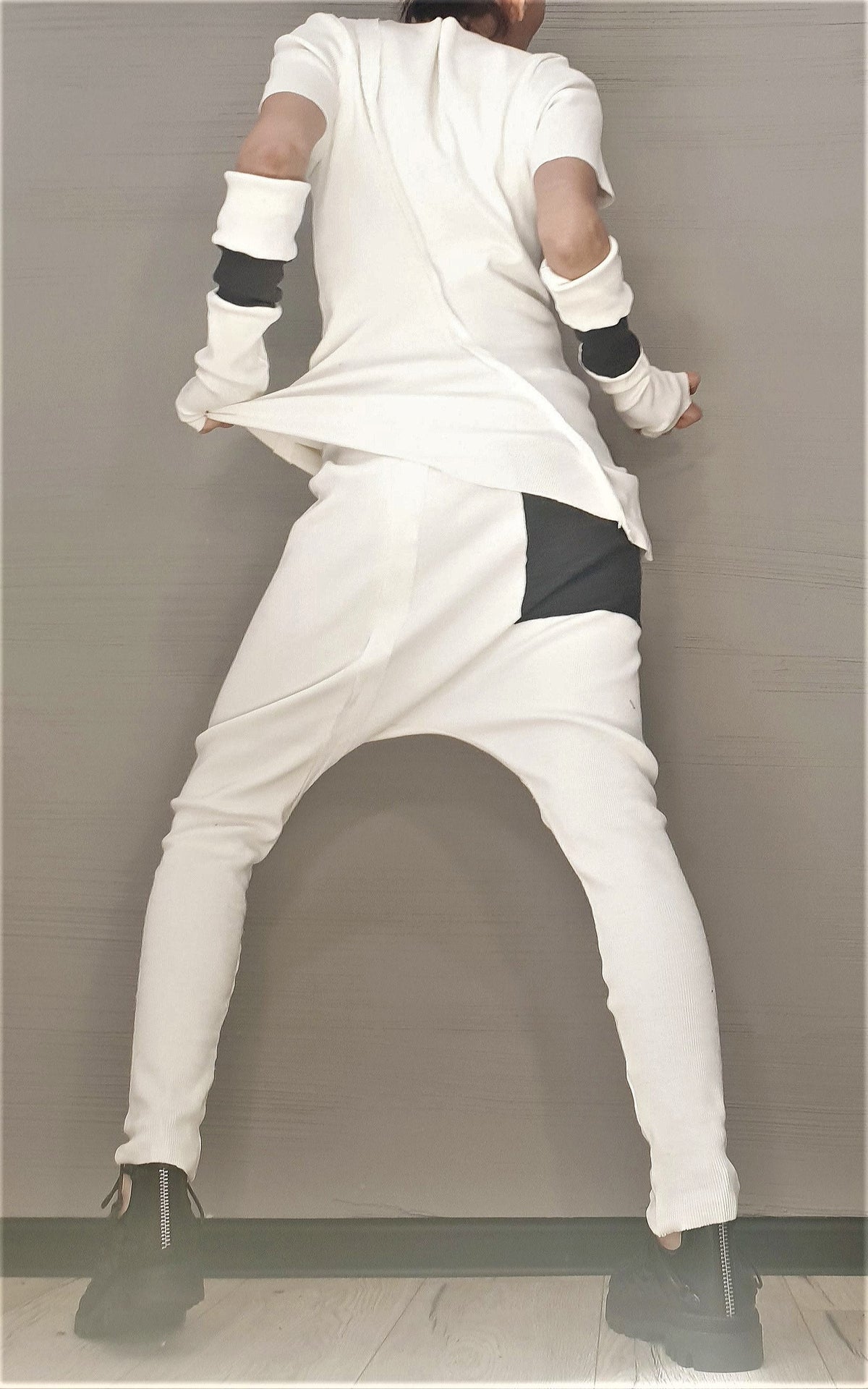 White Cotton Tapered Harem Pants, Asymmetrical Blouse, Detachable Sleeves with Thumb Holes, Co-Ord Set