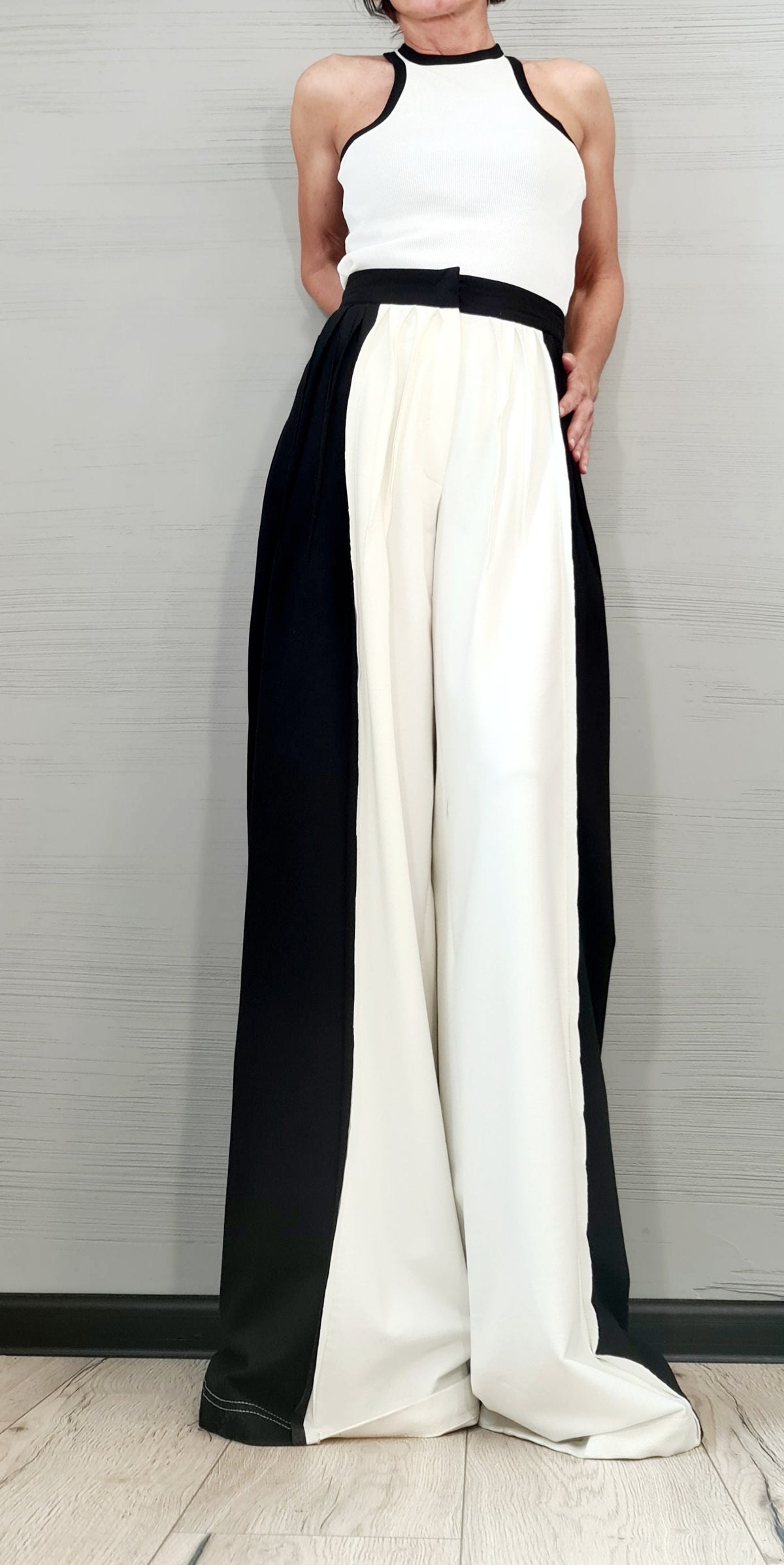 Black White French Terry Pants, Drop Crotch Trousers, Wide Leg Design