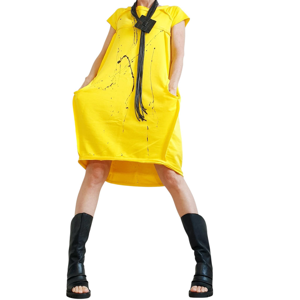 Yellow French Terry One Shoulder Dress for Women, Oversized Asymmetric Tunic Dress