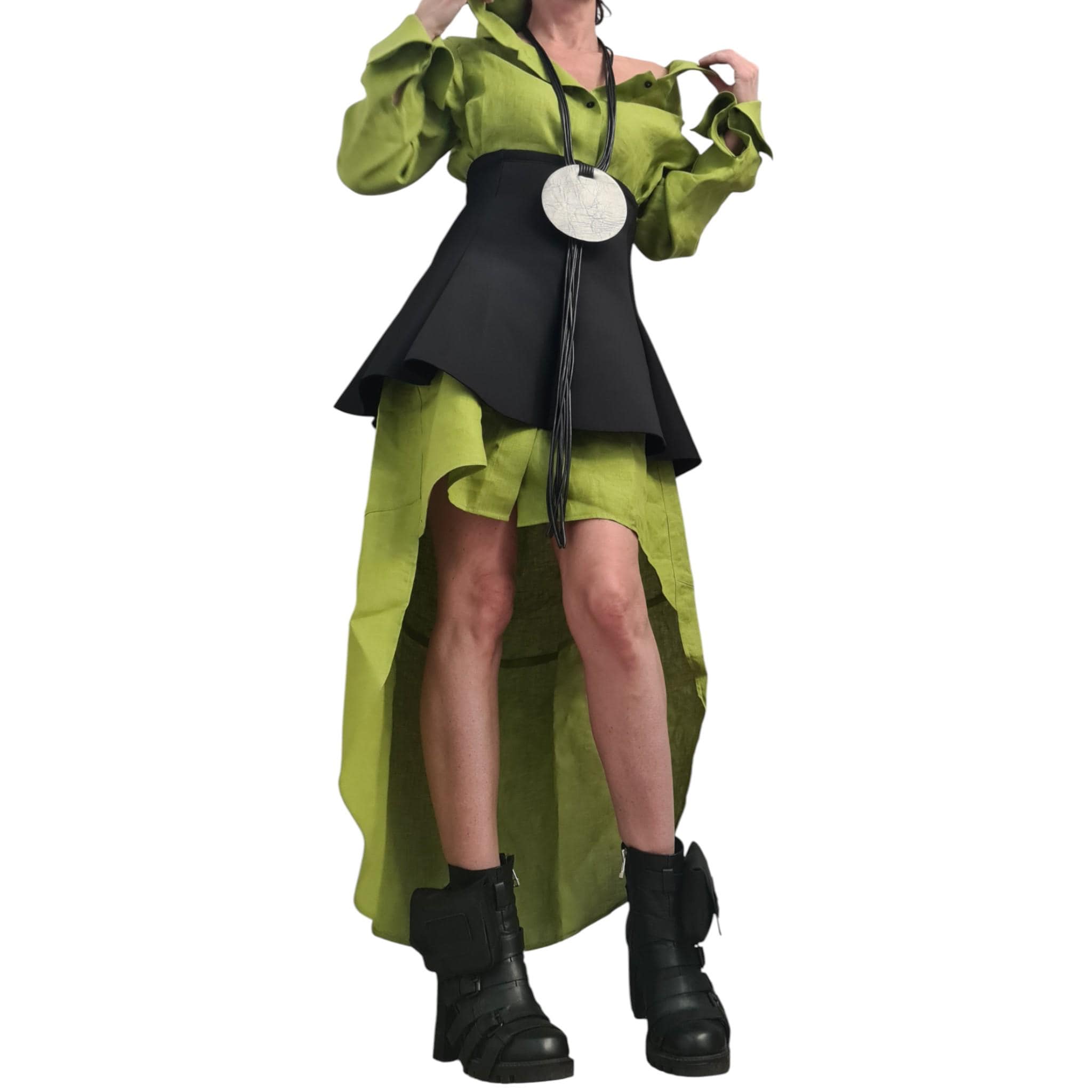 Pistachio Linen Shirt Dress with Neoprene Corset, High Low Hem, Asymmetric Handmade Tunic Dress