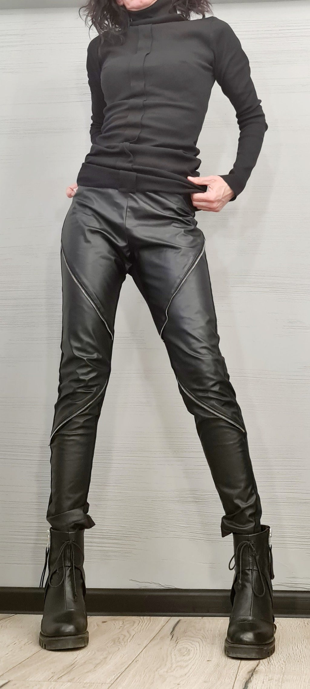 Black Eco Leather Leggings, Zip Detail Pants, Gothic Style