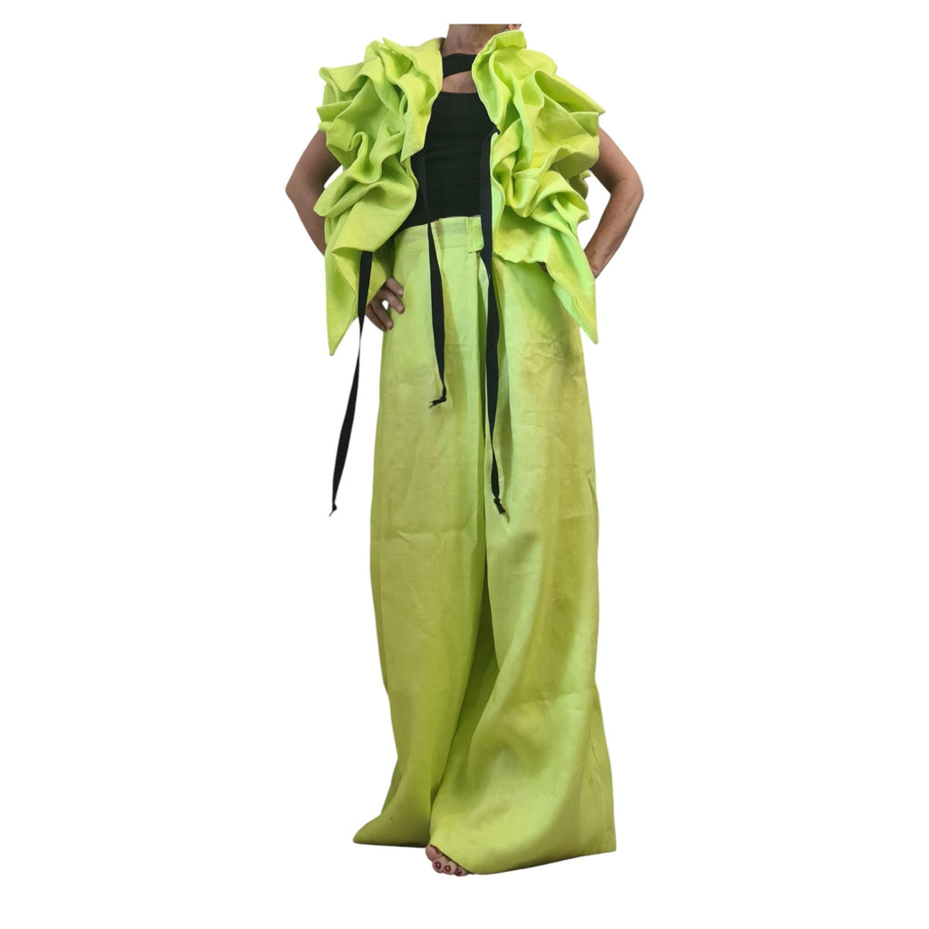 Lime Green Linen Asymmetric Short Jacket Sleeveless Gathered Womens Avant Garde Clothing