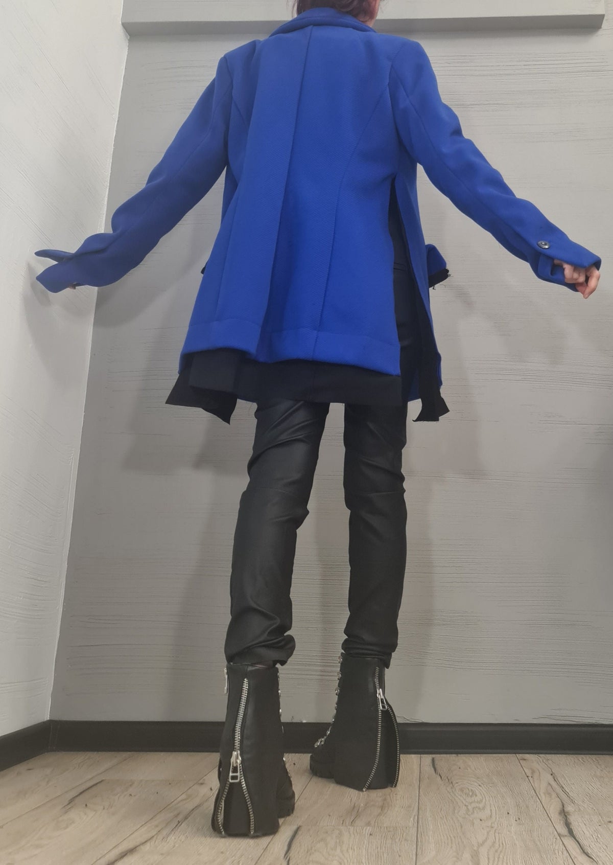 Royal Blue Asymmetrical Winter Coat, Oversized Lapels and Patch Pockets, Plus Size Flared Jacket