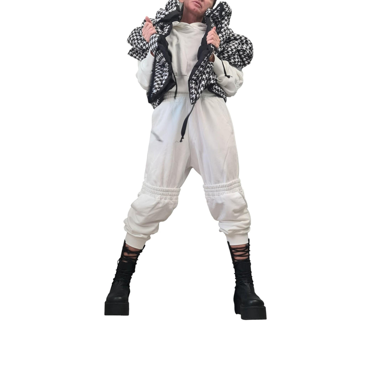 Black White Houndstooth Puffer Vest, Oversized Asymmetric Gilet, Quilted Sleeveless Winter Jacket