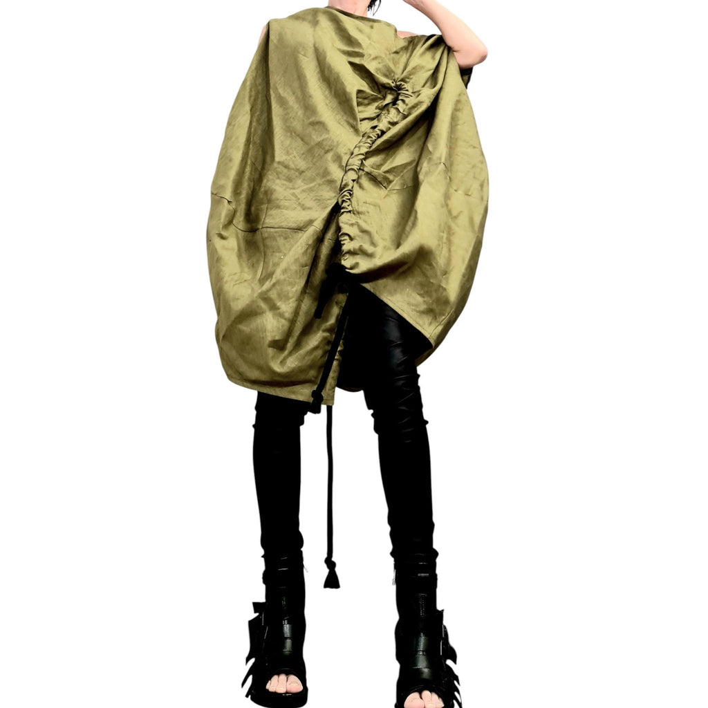 Military Green Linen Tunic, Asymmetric Oversize Top, Adjustable Ruched Kaftan, Plus Size Clothing