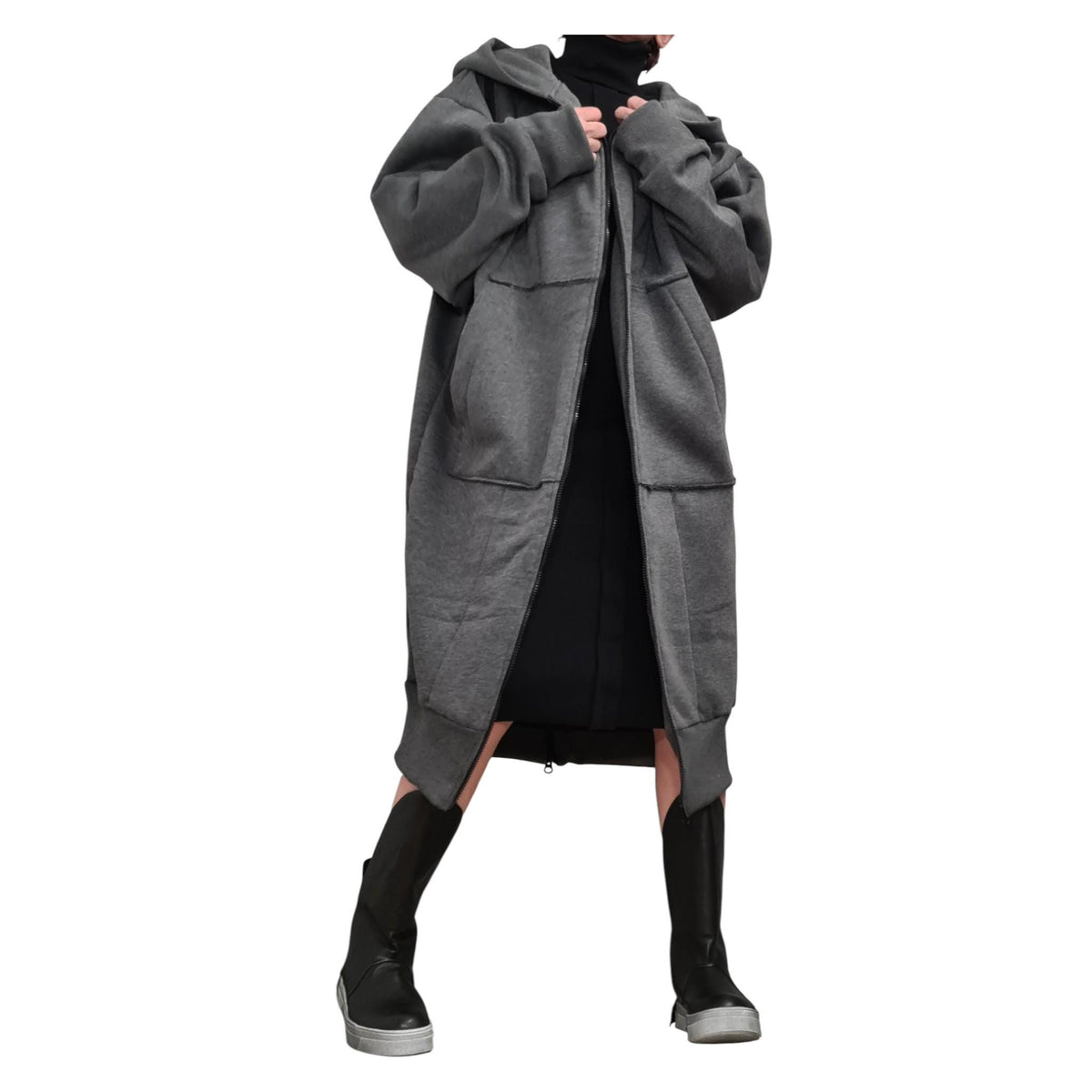 Red Convertible Cotton Maxi Hoodie Dress, Detachable Puff Sleeves, Full Zip Front, Plus Size