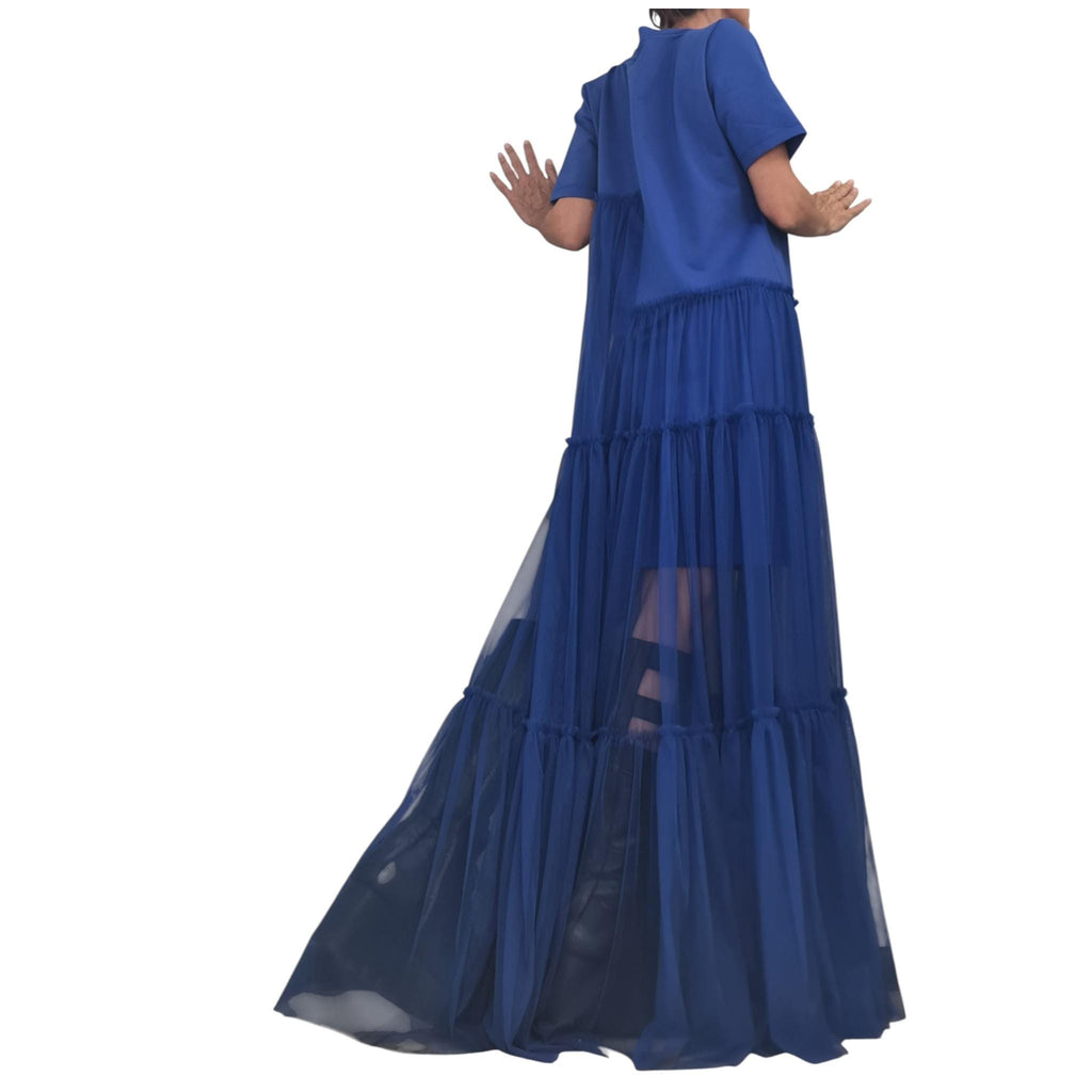 Royal Blue Tulle Dress, Asymmetrical High Low Maxi, Oversized Loose Fit for Women