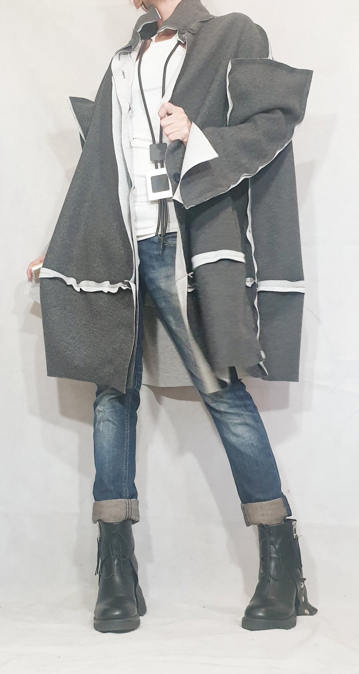 Grey Oversized Cape Coat, Asymmetric Hem, Wide Sleeves, Button Front, Contrast Trim, Plus Size