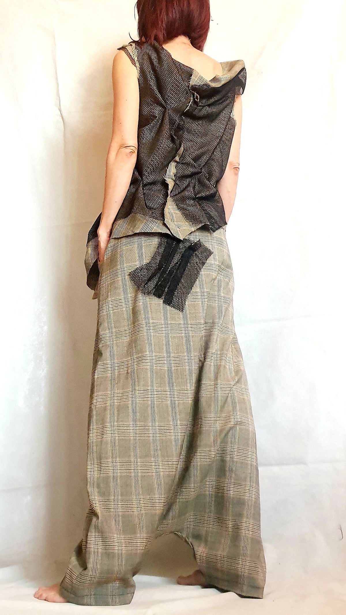 Plus Size Co-Ord Set, Plaid Harem Pants, Black Asymmetrical Vest with mesh