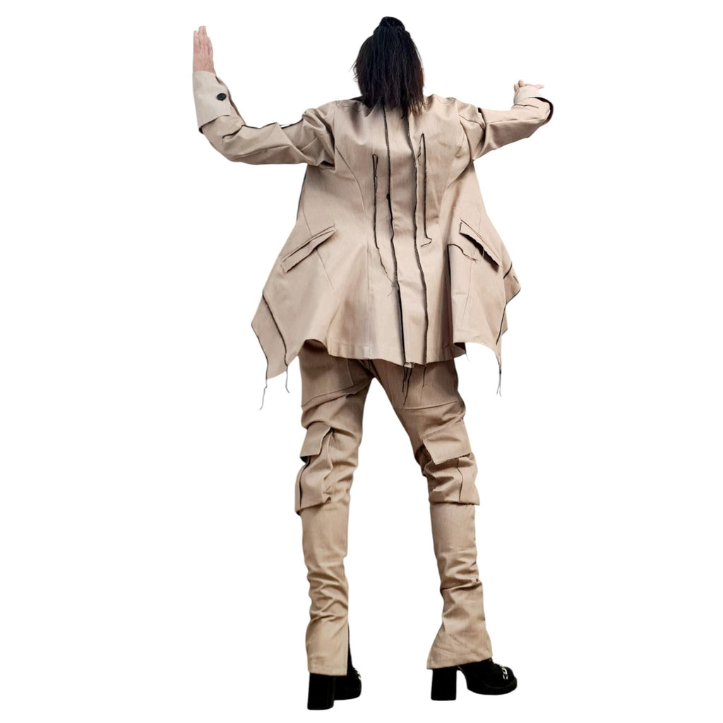 Extravagant Denim Women Costume, Asymmetric Avant Garde Blazer, Cargo Pants
