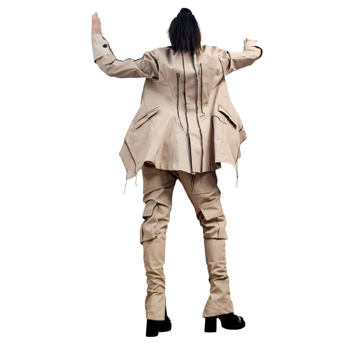 Extravagant Denim Women Costume, Asymmetric Avant Garde Blazer, Cargo Pants