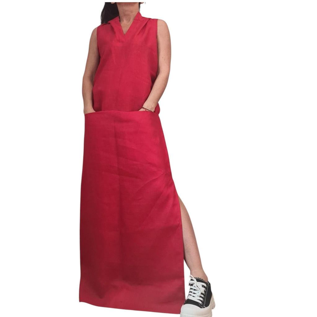 Red Linen Hooded Maxi Dress Women, Sleeveless Long Kaftan, Boho Summer Sundress