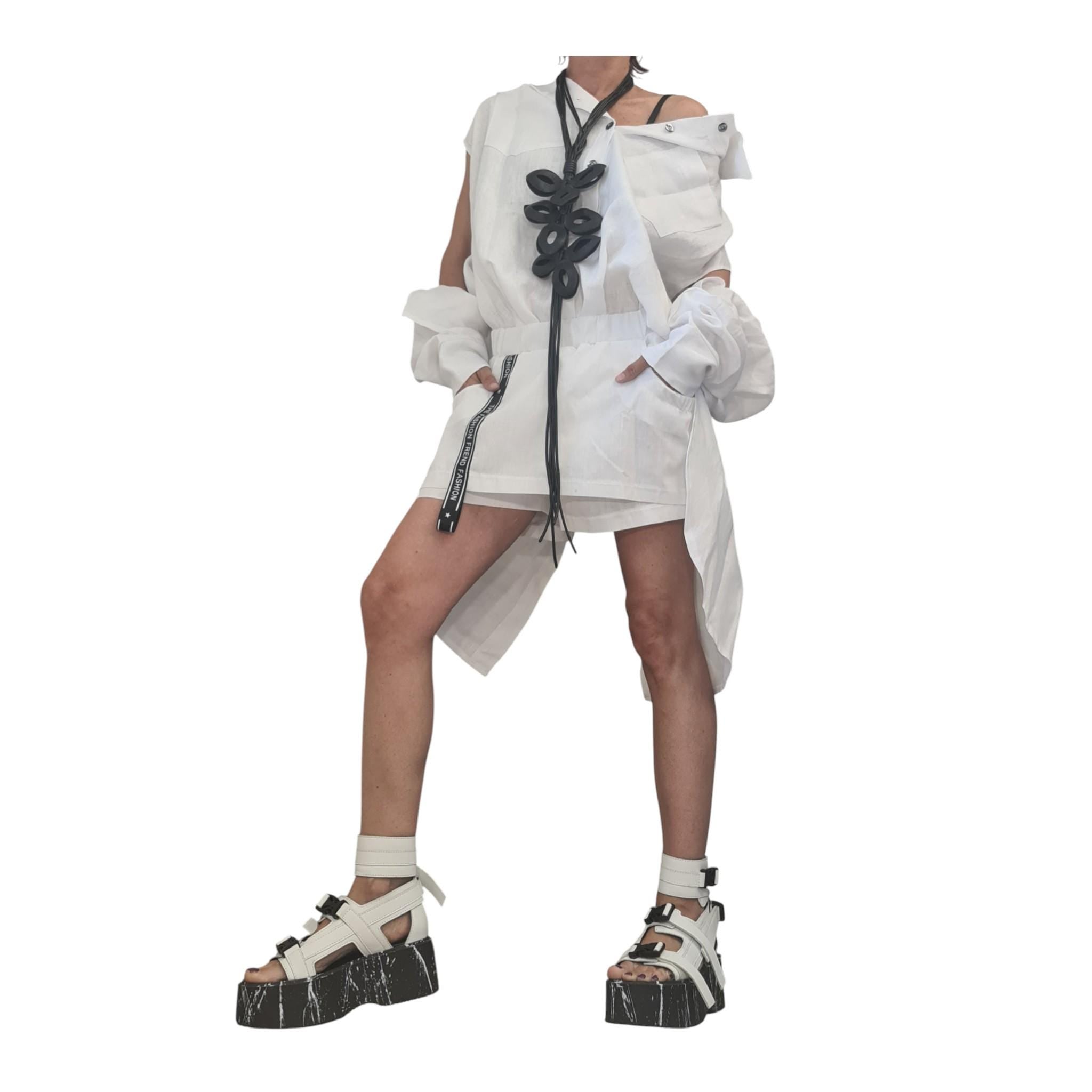 Lavender Linen Oversize Set, Asymmetric Deconstructed Outfit, Open Back Shirt, Layered Shorts Skirt