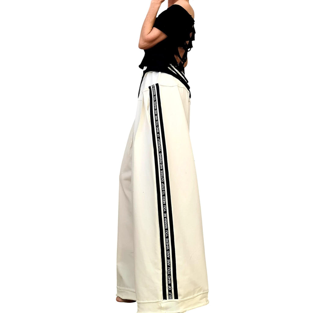 Ivory French Terry Wide Leg Pants, Relaxed Cotton Trousers, Elastic Waist